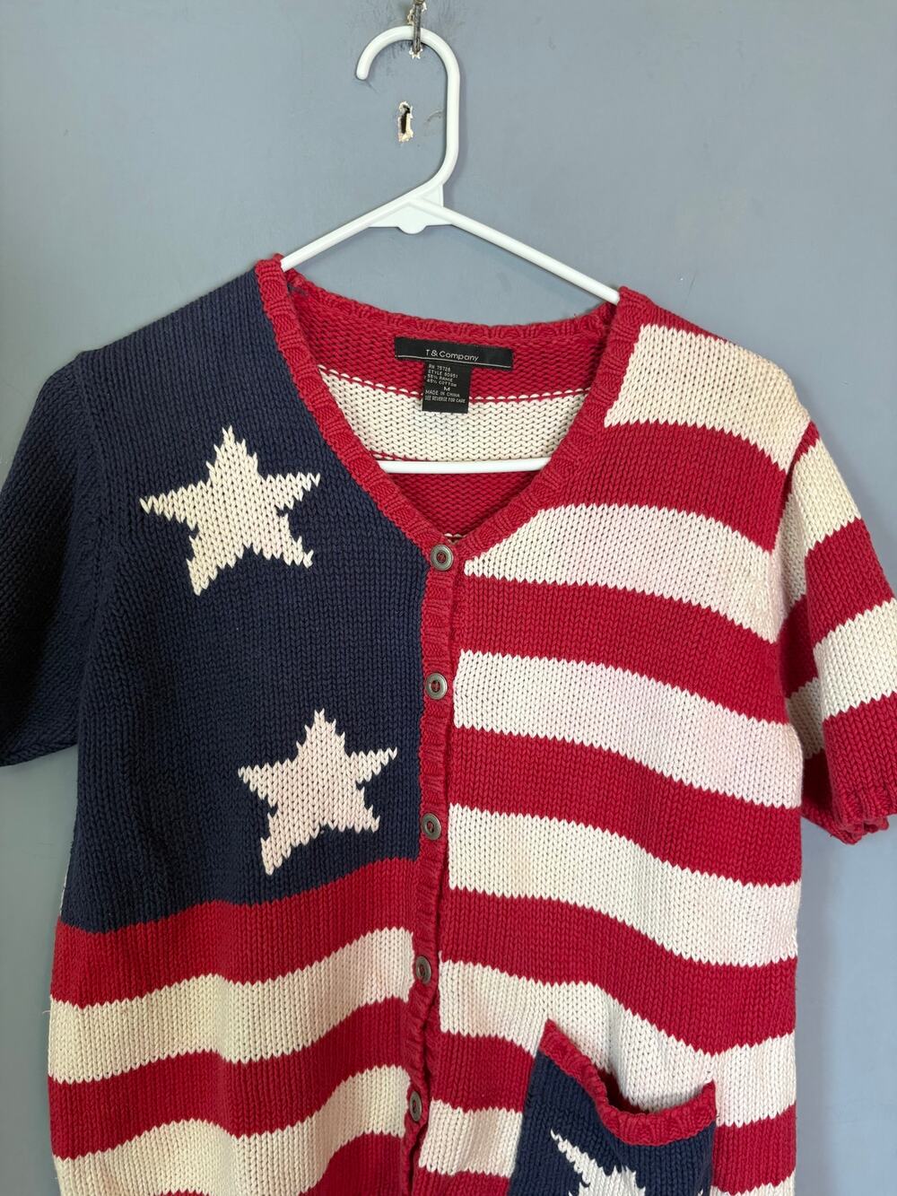 T & Company Red White Blue Stars Stripes Knit Cardigan Womens Size M Read